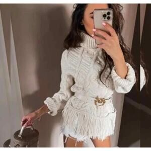 Zara Fisherman Sweater Cream Chunky Knit Fringed Hem Small